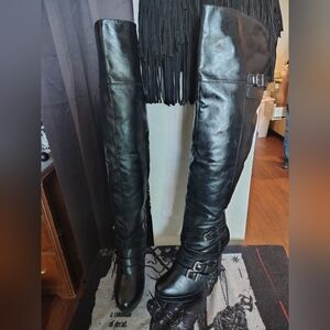 Black Over-the-Knee Heeled Boots with Buckle Detail